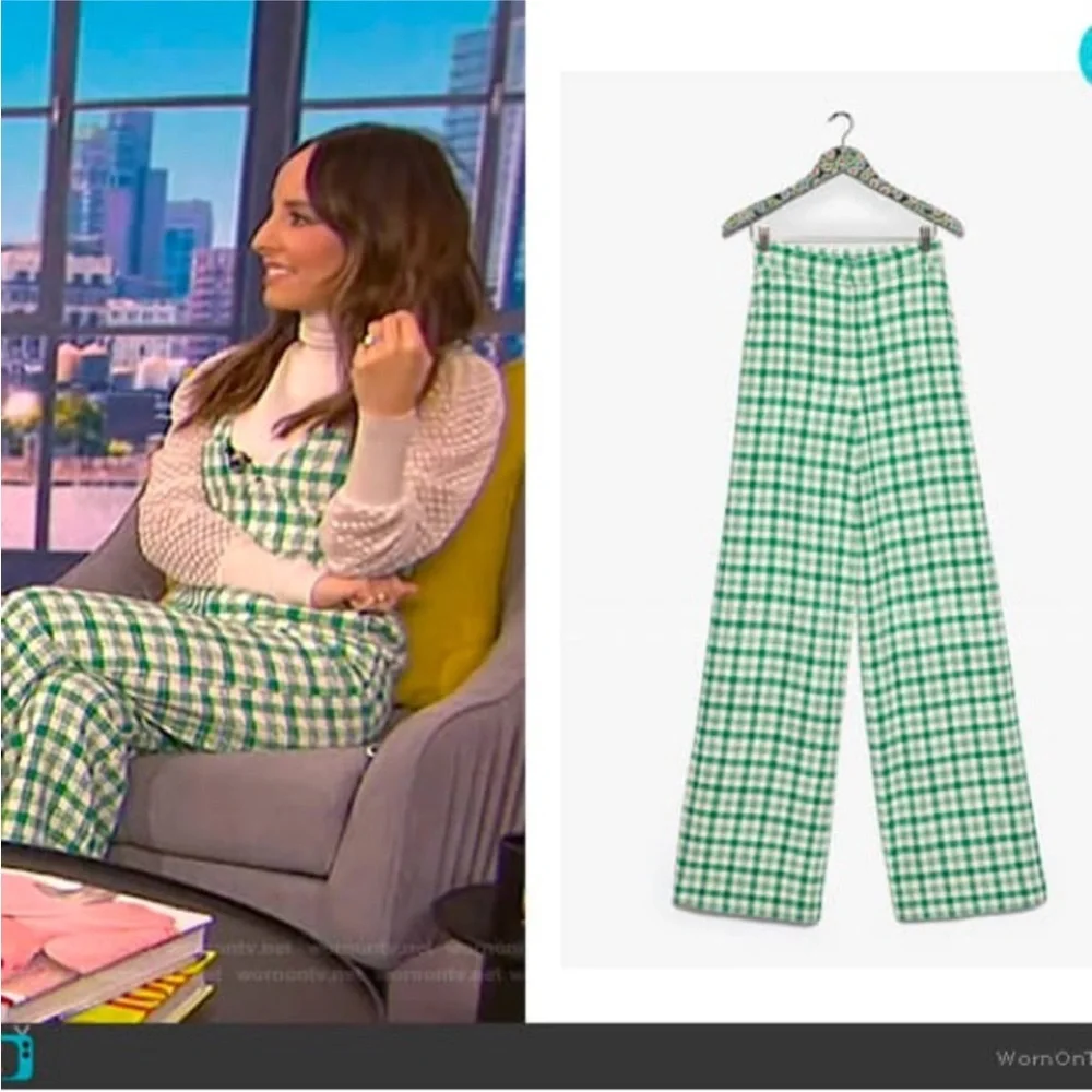 ZARA Green Check Plaid Tweed Wide Leg High Waisted Pants - Picture 6 of 6